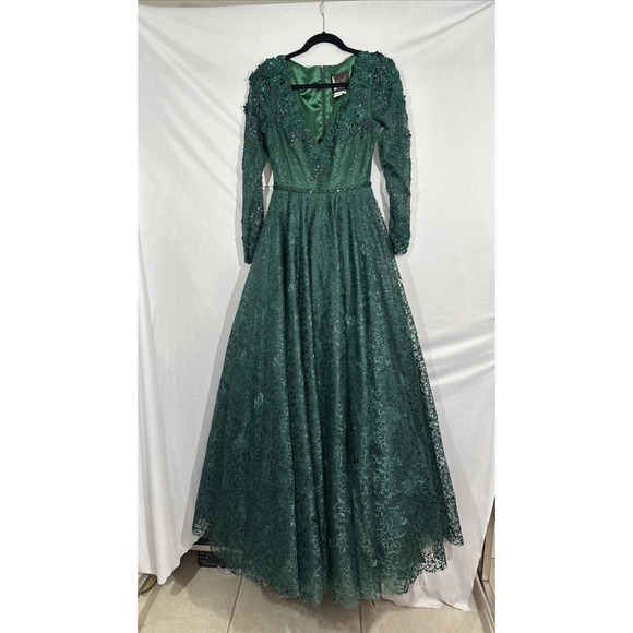 NWT Mac Duggal [ 2 ] 11215 Floral Embellished Long Sleeve ALine Gown Green J2059 - Picture 3 of 16